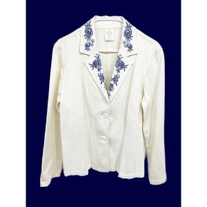 Vintage Womens 2 Button White Blazer with Floral Print on Neckline Size L